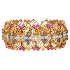 Vintage 1960s 18k Diamond Sapphire ruby Yellow Gold Wide Bracelet