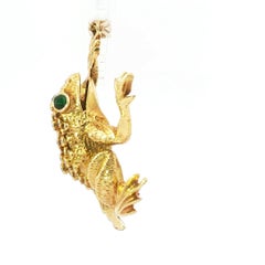 Vintage 1963 18K Yellow Gold Frog Pendant with Diamonds & Emeralds