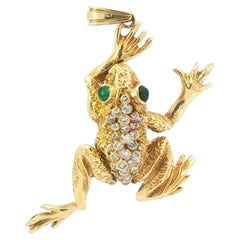 Vintage 1963 18K Yellow Gold Frog Pendant with Diamonds & Emeralds