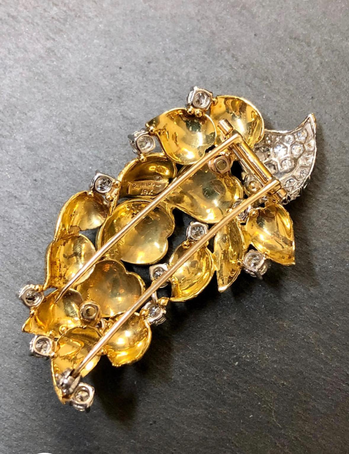 Women's or Men's Vintage 1960’s 18K Platinum Diamond Enamel Leaf Brooch For Sale