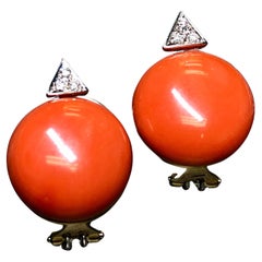 Vintage 1960’s 18K Red Coral Round Cabochon Diamond Omega Back Huggie Earrings Vintage 1960’s 18K Red Coral Round Cabochon Diamond Omega Back Huggie Earrings