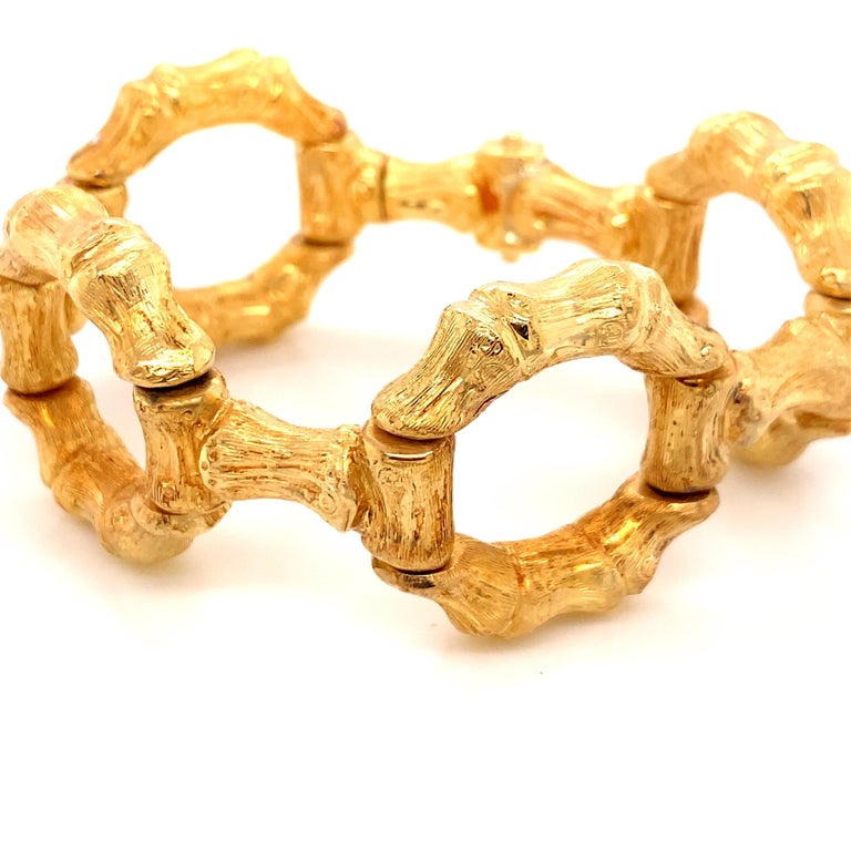 Vintage 1960's 18K Yellow Gold Bamboo Link Wide Bracelet - The bracelet measures 7 1/4 inches long and 1 1/8 inches wide. The bracelet weighs 50 grams.
