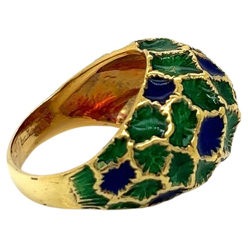 Modern Vintage 1960's 18k Yellow Gold Blue and Green Enamel Dome Statement Ring For Sale