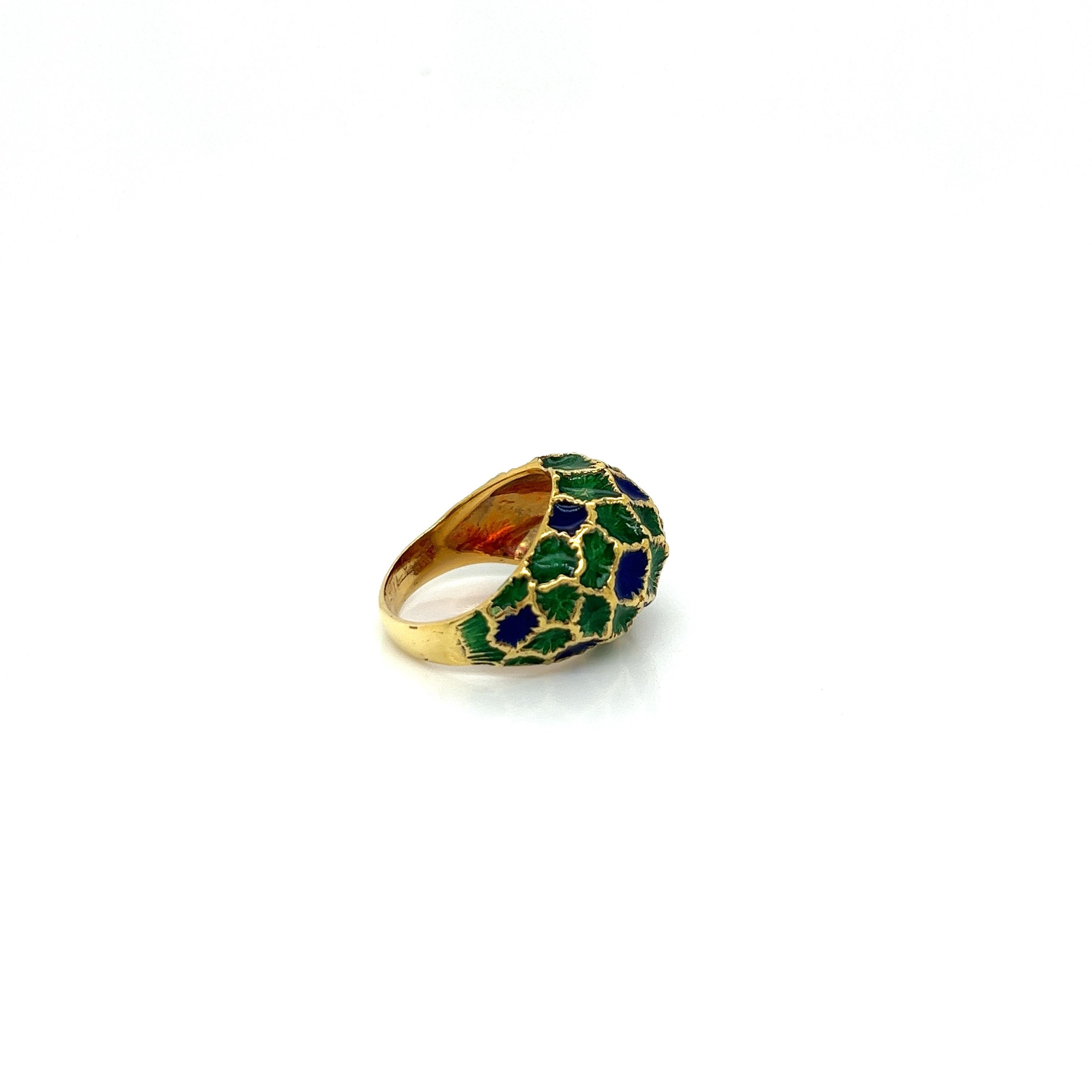 Vintage 1960's 18k Yellow Gold Blue and Green Enamel Dome Statement Ring In Good Condition For Sale In Boston, MA
