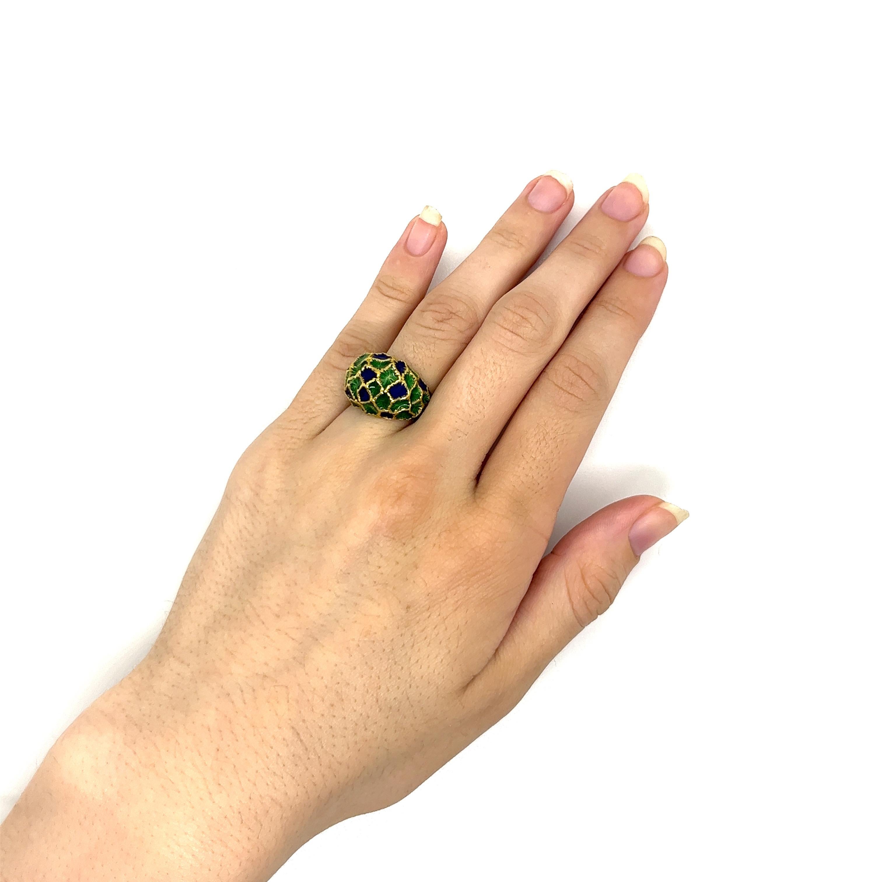 Vintage 1960's 18k Yellow Gold Blue and Green Enamel Dome Statement Ring For Sale 1