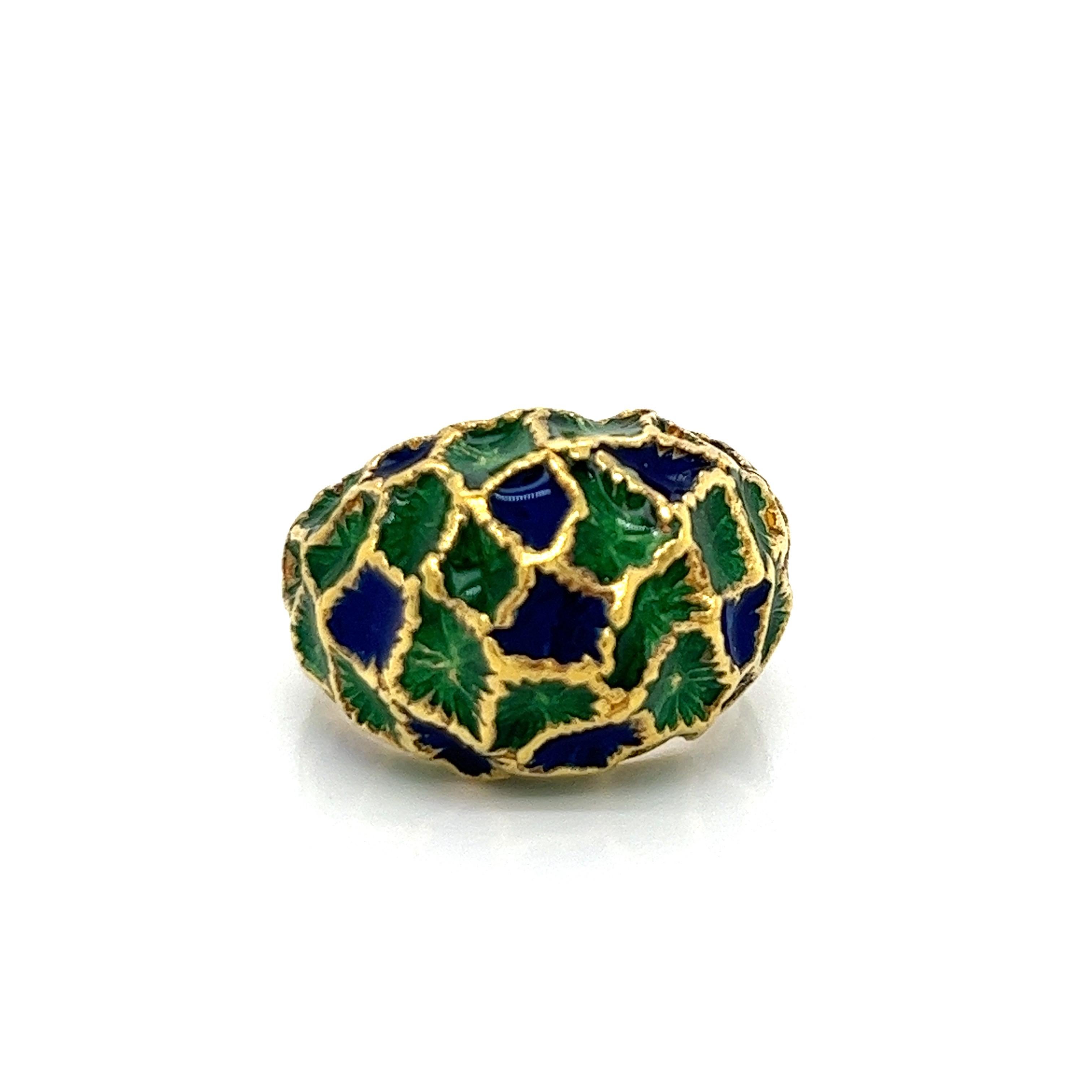 Vintage 1960's 18k Yellow Gold Blue and Green Enamel Dome Statement Ring For Sale