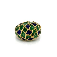 Vintage 1960's 18k Yellow Gold Blue and Green Enamel Dome Statement Ring