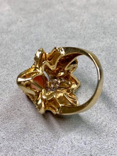 Vintage 1960’s 18K Yellow Gold Coral Cabochon Diamond Large Cocktail Ring