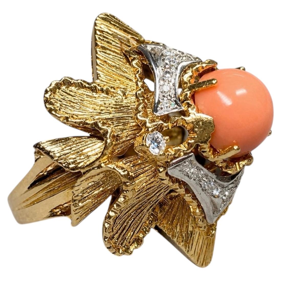 Vintage 1960’s 18K Yellow Gold Coral Cabochon Diamond Large Cocktail Ring