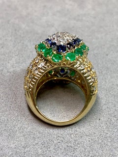 Vintage 1960’s 18K Yellow Gold Diamond Sapphire Emerald Large Cocktail Ring 10ct