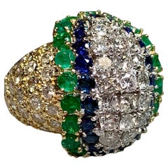 Vintage 1960’s 18K Yellow Gold Diamond Sapphire Emerald Large Cocktail Ring 10ct