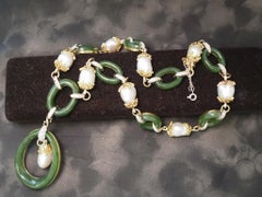 Vintage 1960s 18K Yellow Gold Jade, Pearl and Diamond Necklace