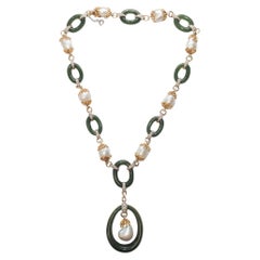 Vintage 1960s 18K Yellow Gold Jade, Pearl and Diamond Necklace