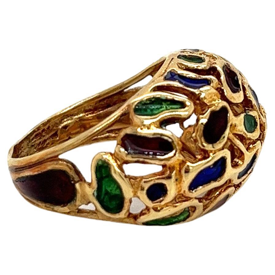 Vintage 1960's 18k Yellow Gold Red, Blue, and Green Enamel Dome Statement Ring In Fair Condition For Sale In Boston, MA