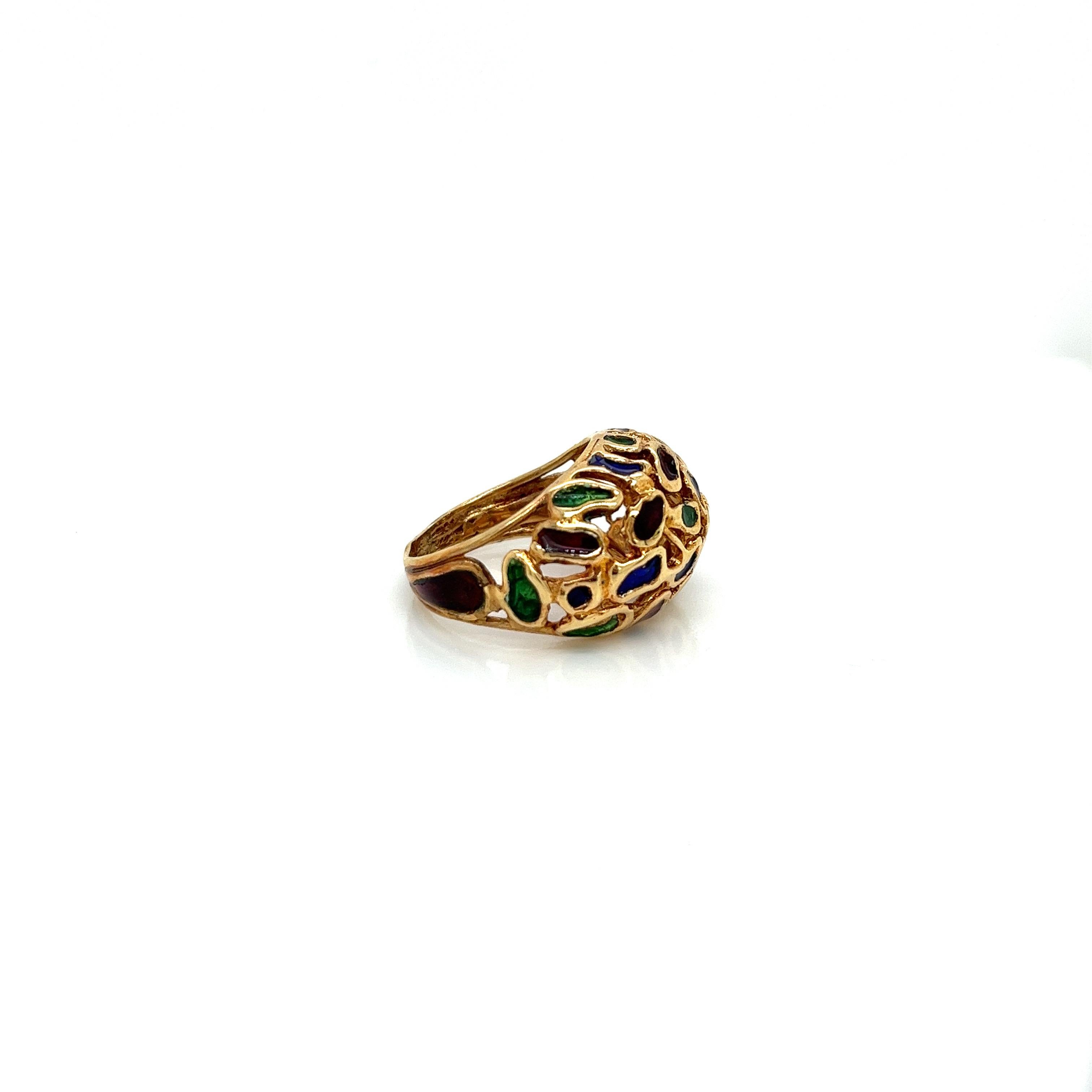 Women's Vintage 1960's 18k Yellow Gold Red, Blue, and Green Enamel Dome Statement Ring For Sale