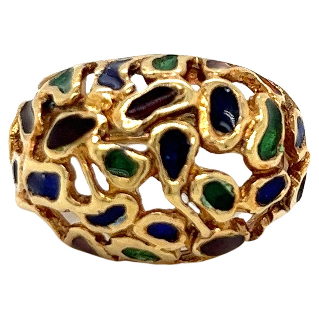 Vintage 1960's 18k Yellow Gold Red, Blue, and Green Enamel Dome Statement Ring (Bague à dôme en émail rouge, bleu et vert)