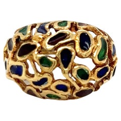 Vintage 1960's 18k Yellow Gold Red, Blue, and Green Enamel Dome Statement Ring