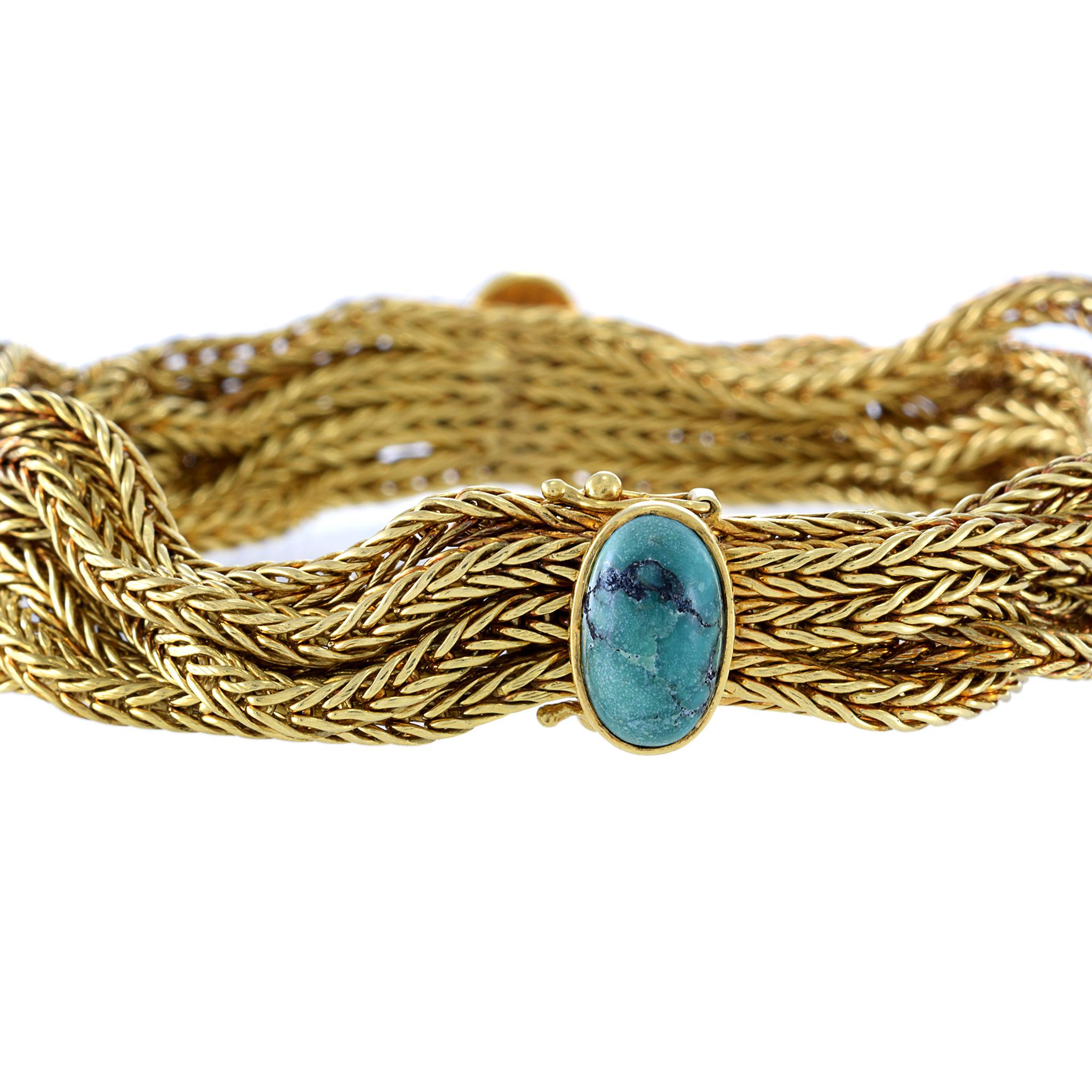 Vintage 1960er Jahre 18KT Gelbgold 7strang Malachit Mesh-Armband (Retro)