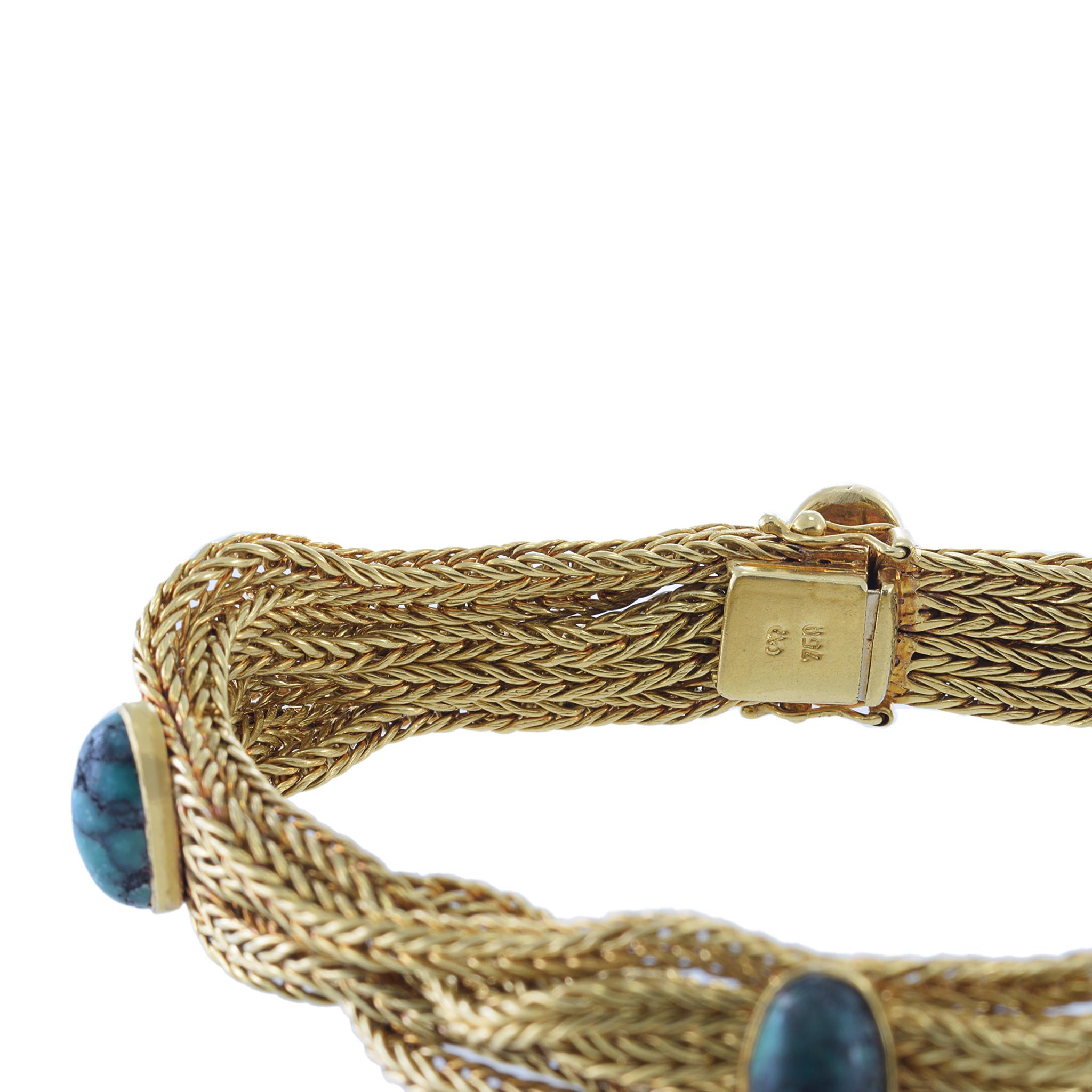 Vintage 1960er Jahre 18KT Gelbgold 7strang Malachit Mesh-Armband (Ovalschliff)