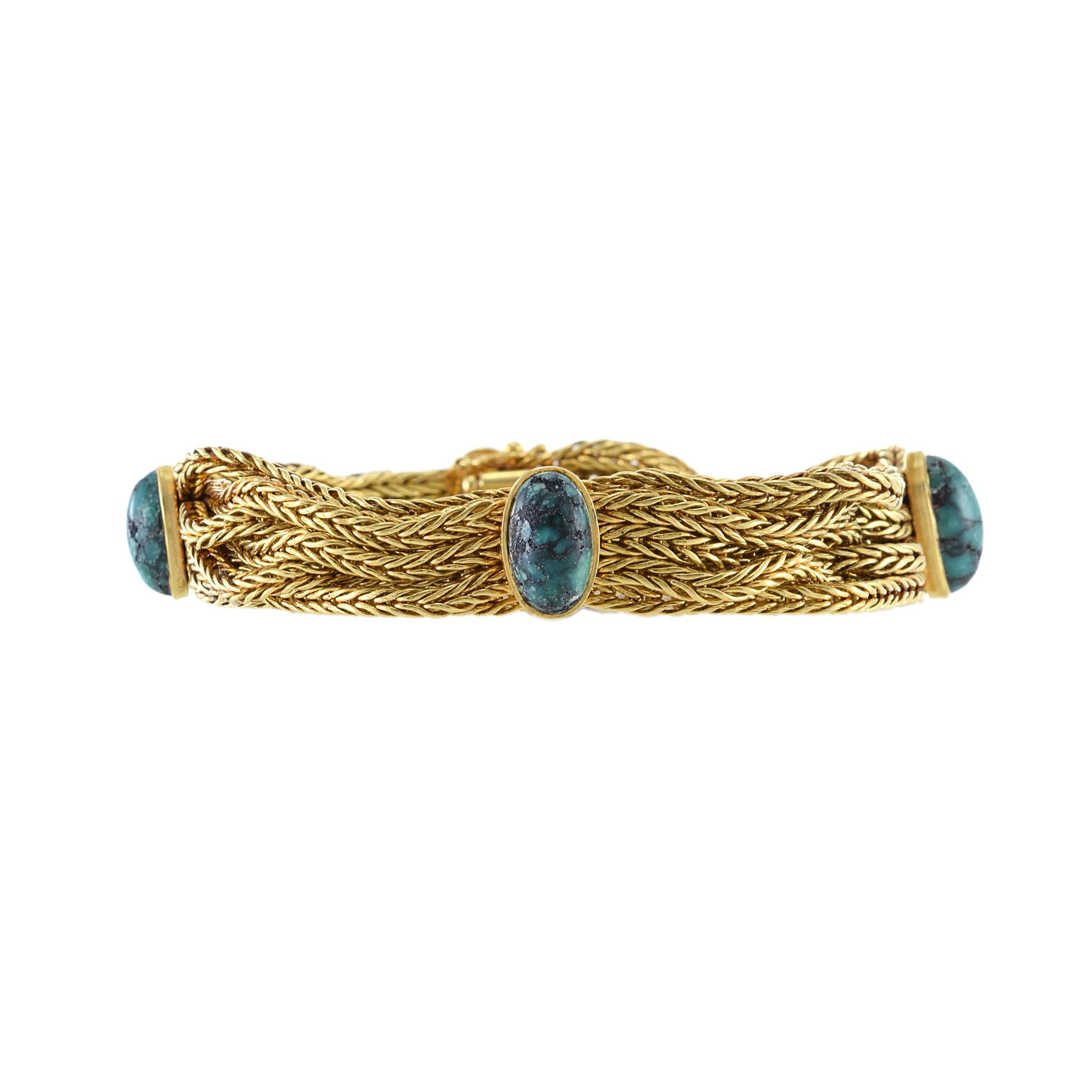 Vintage 1960er Jahre 18KT Gelbgold 7strang Malachit Mesh-Armband im Zustand „Hervorragend“ in New York, NY