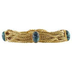 Vintage 1960s 18KT Yellow Gold 7 Strand Malachite Mesh Bracelet