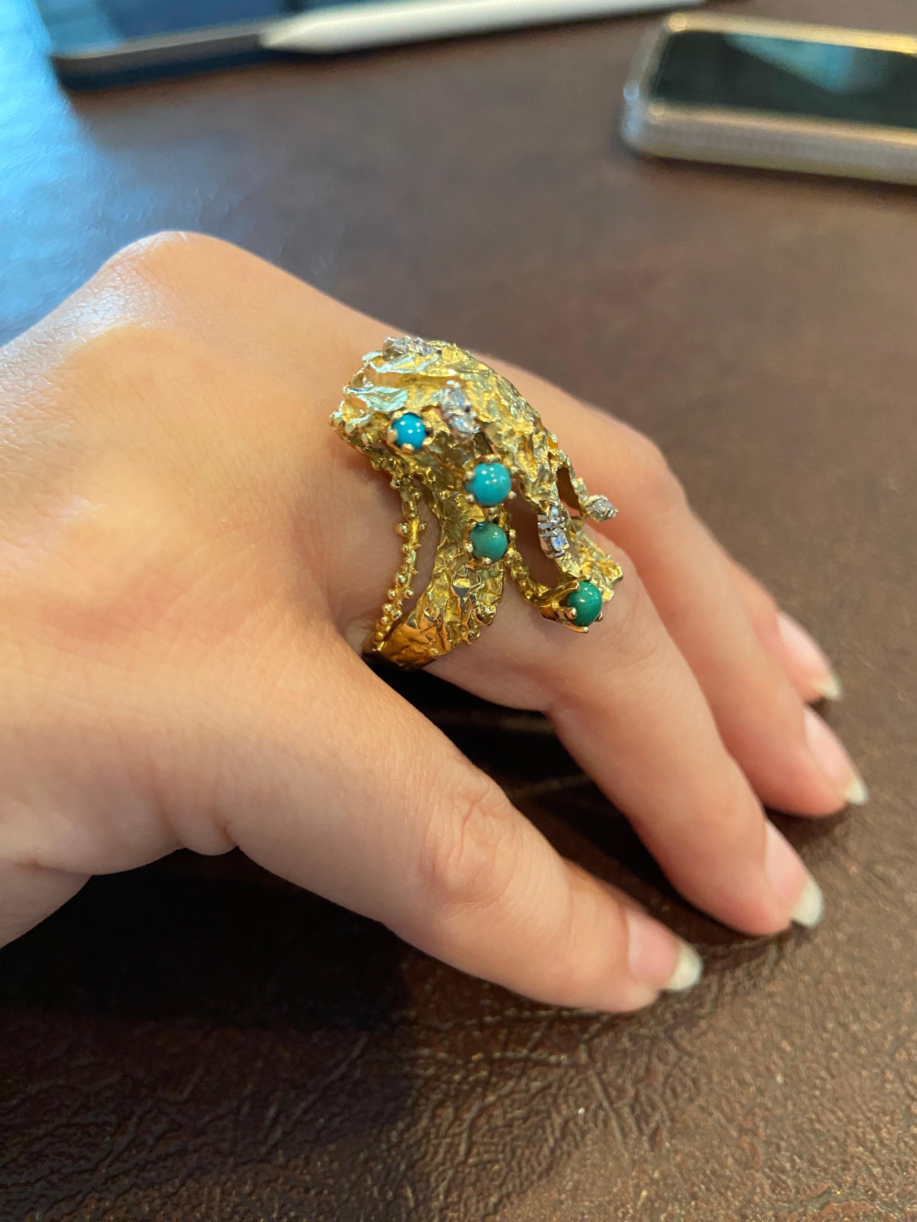 Vintage 1960s - 1970s Brutalist Era Turquoise and Diamond 18 Karat Fashion Ring For Sale 5