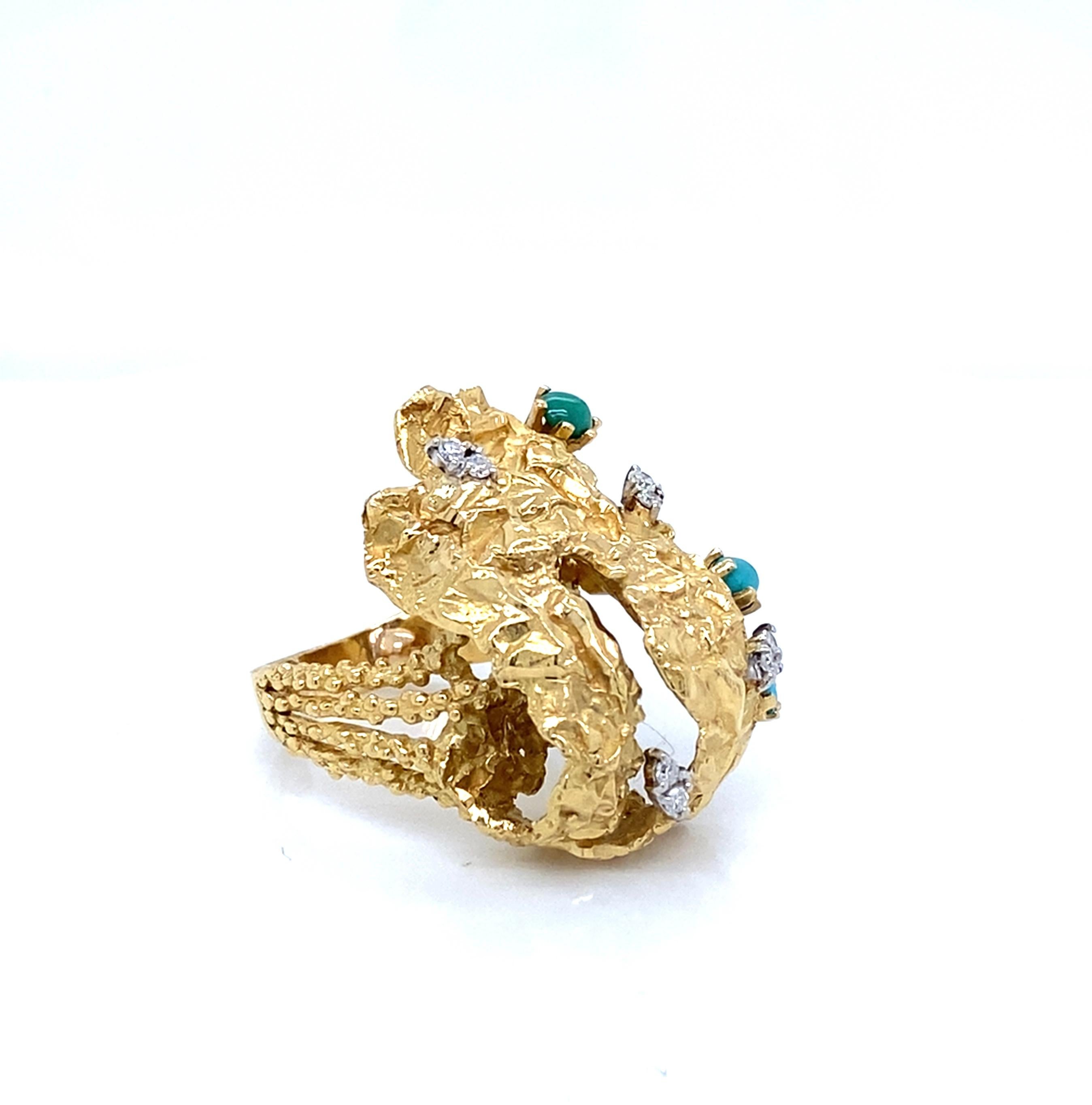 Bold, substantial, and sculptural, this 18 karat yellow gold Brutalist ring features four approximately 3mm - 3.5mm cabochon blue to green turquoise and eight single-cut diamonds.  The prong set cabochon turquoise have an approximate total weight of