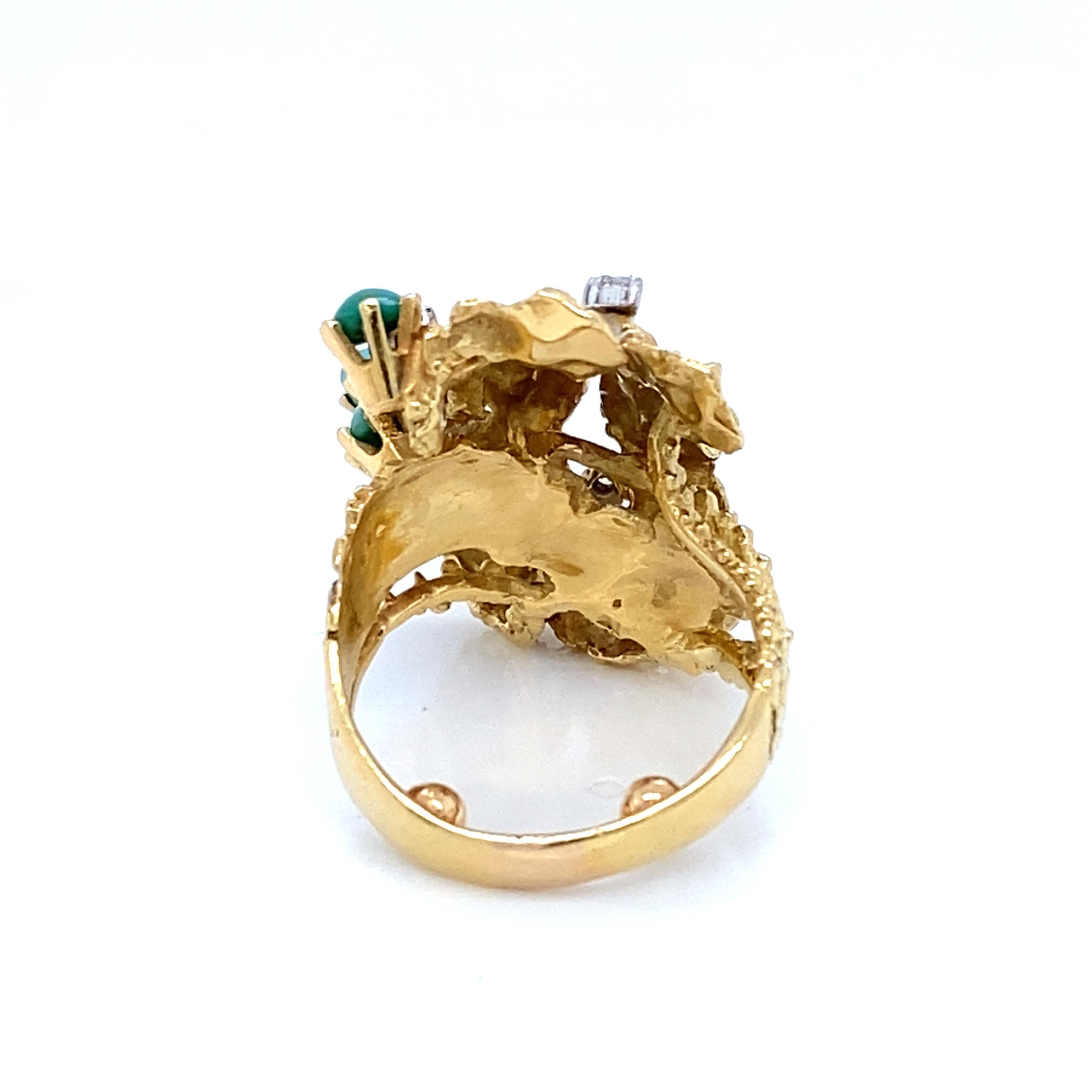 Modernist Vintage 1960s - 1970s Brutalist Era Turquoise and Diamond 18 Karat Fashion Ring For Sale