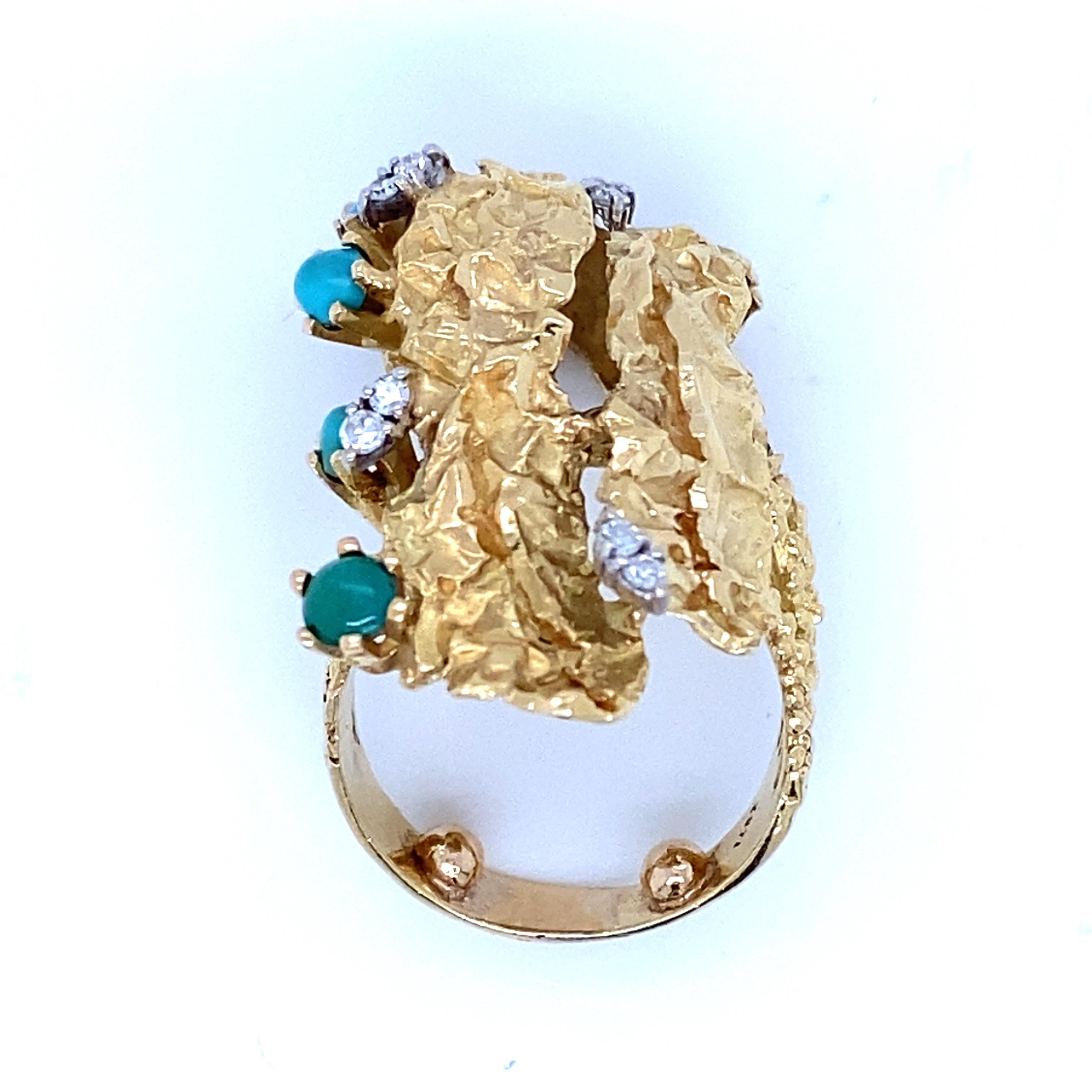 Round Cut Vintage 1960s - 1970s Brutalist Era Turquoise and Diamond 18 Karat Fashion Ring For Sale