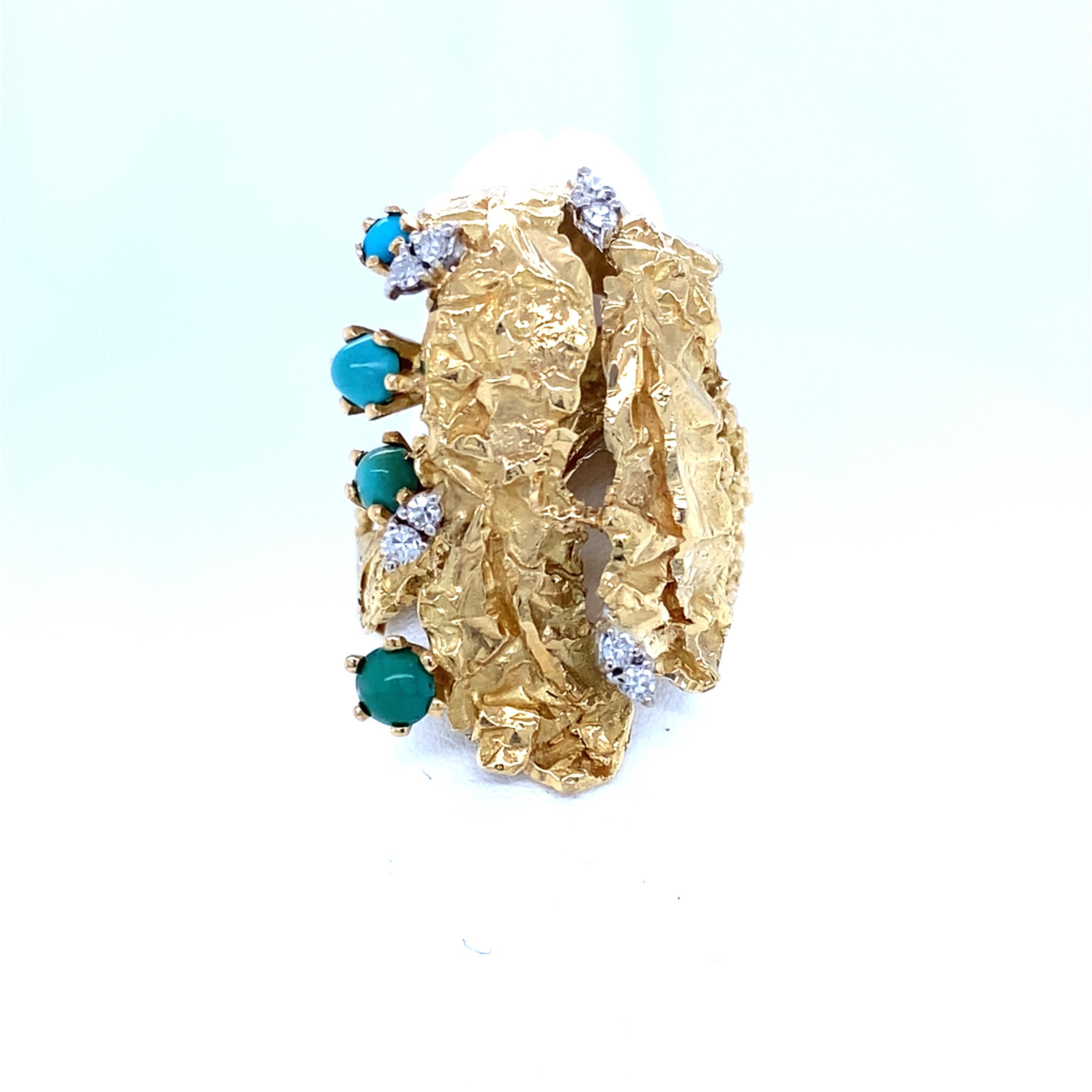 Vintage 1960s - 1970s Brutalist Era Turquoise and Diamond 18 Karat Fashion Ring In Good Condition For Sale In Towson, MD