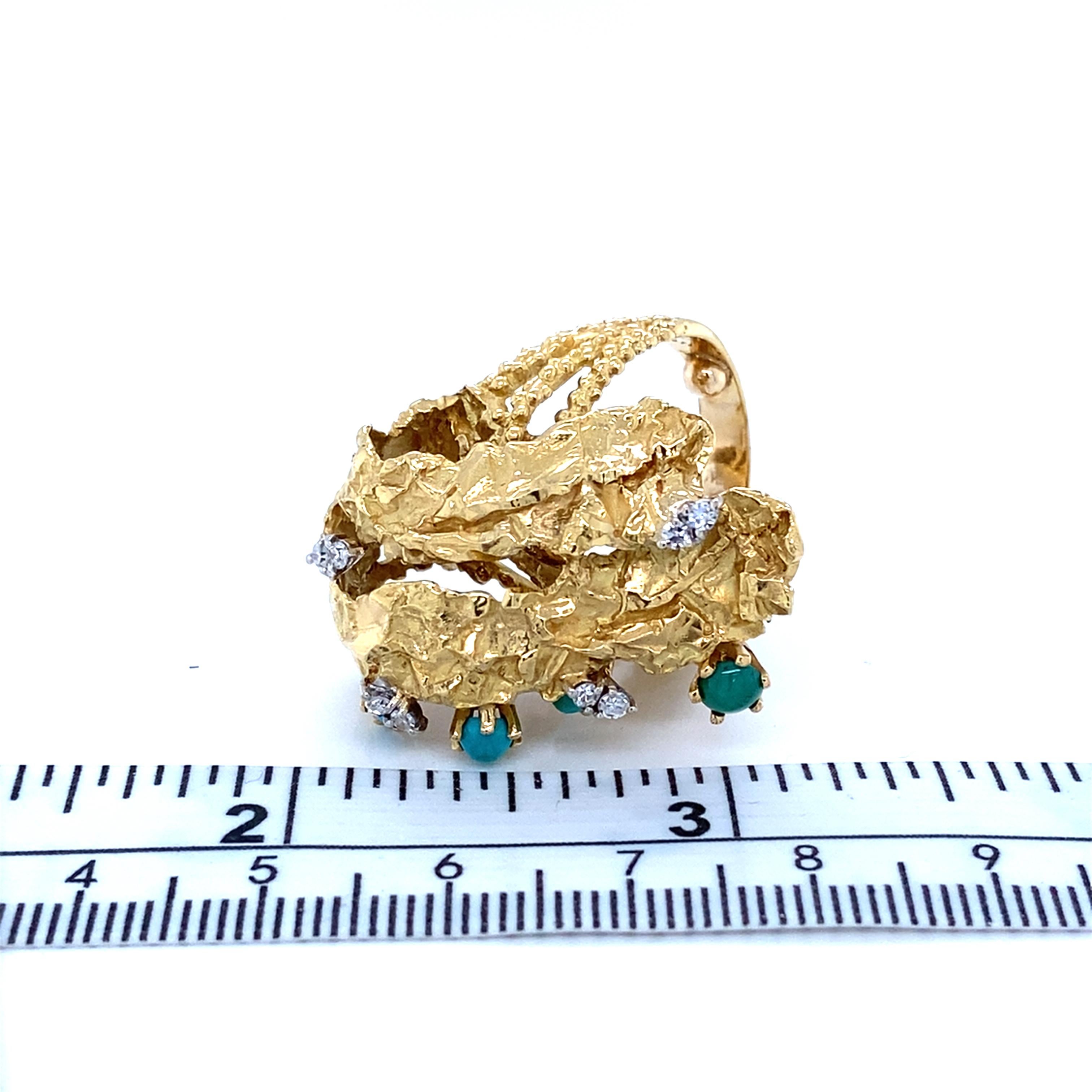 Vintage 1960s - 1970s Brutalist Era Turquoise and Diamond 18 Karat Fashion Ring For Sale 1