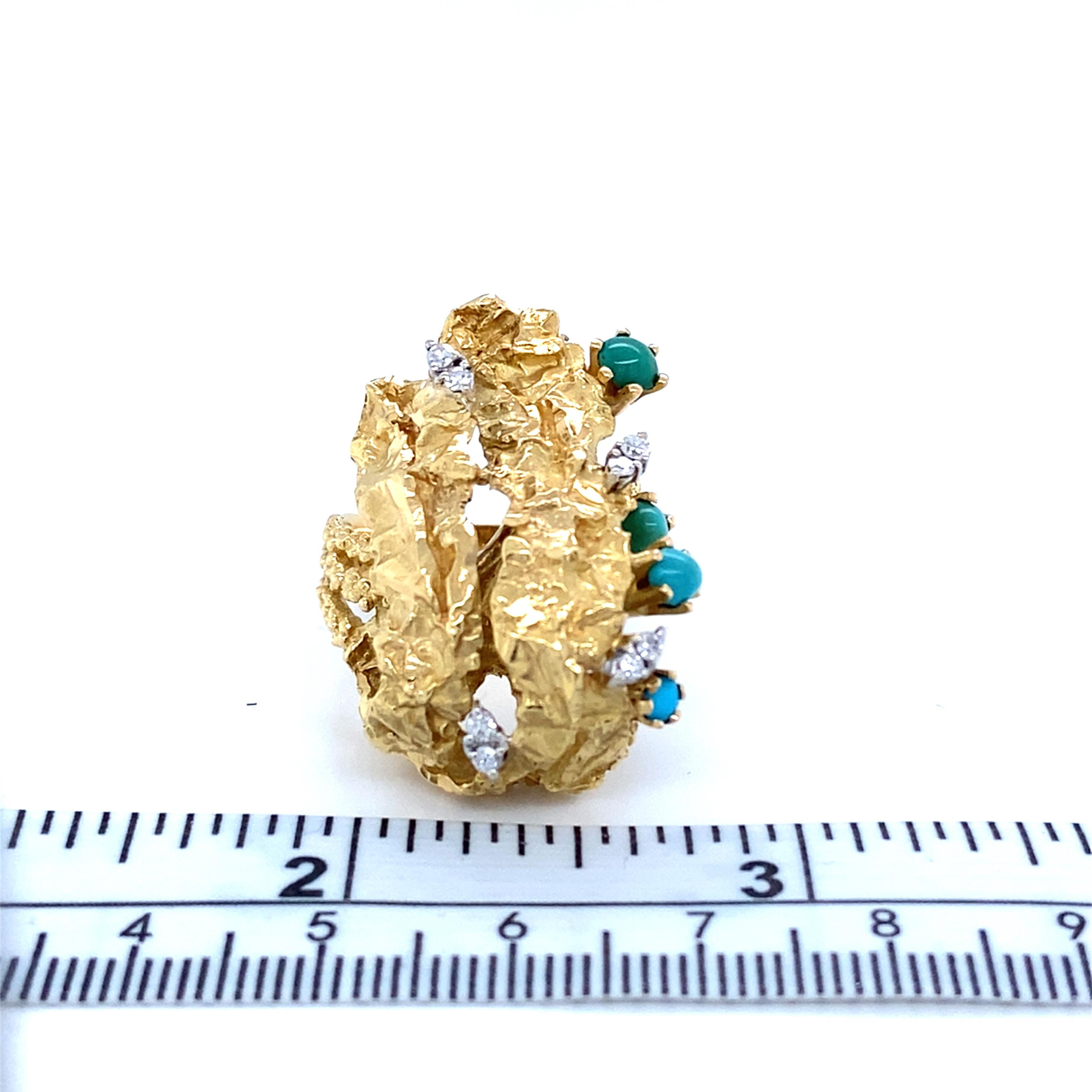 Vintage 1960s - 1970s Brutalist Era Turquoise and Diamond 18 Karat Fashion Ring For Sale 2