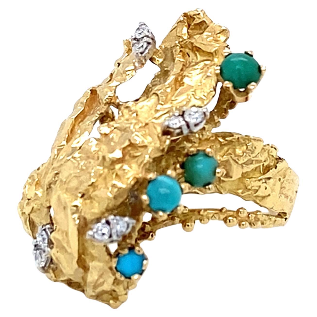 Vintage 1960s - 1970s Brutalist Era Turquoise and Diamond 18 Karat Fashion Ring For Sale