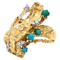 Vintage 1960s - 1970s Brutalist Era Turquoise and Diamond 18 Karat Fashion Ring