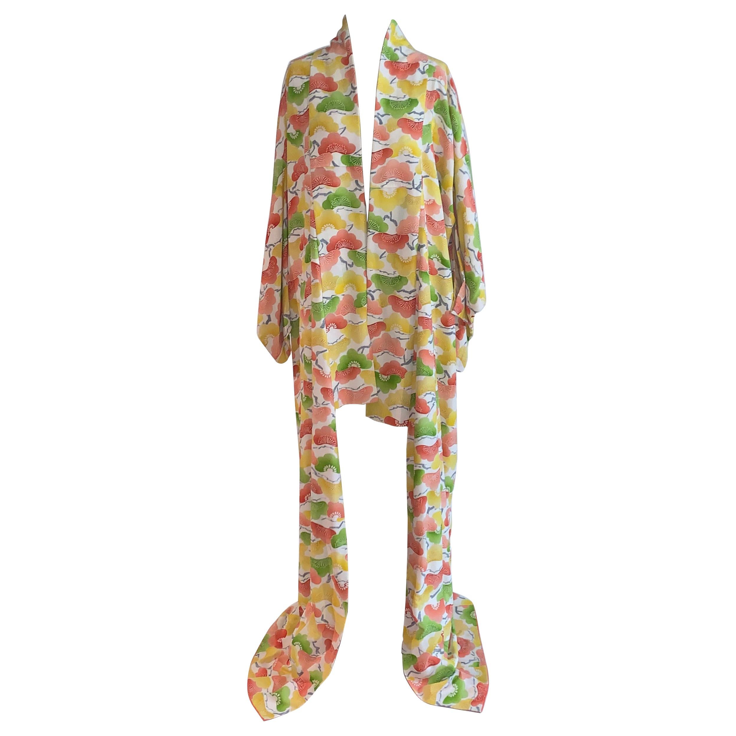 Vintage 1960s 1970s Kimono in Yellow, Pink and Green Print 