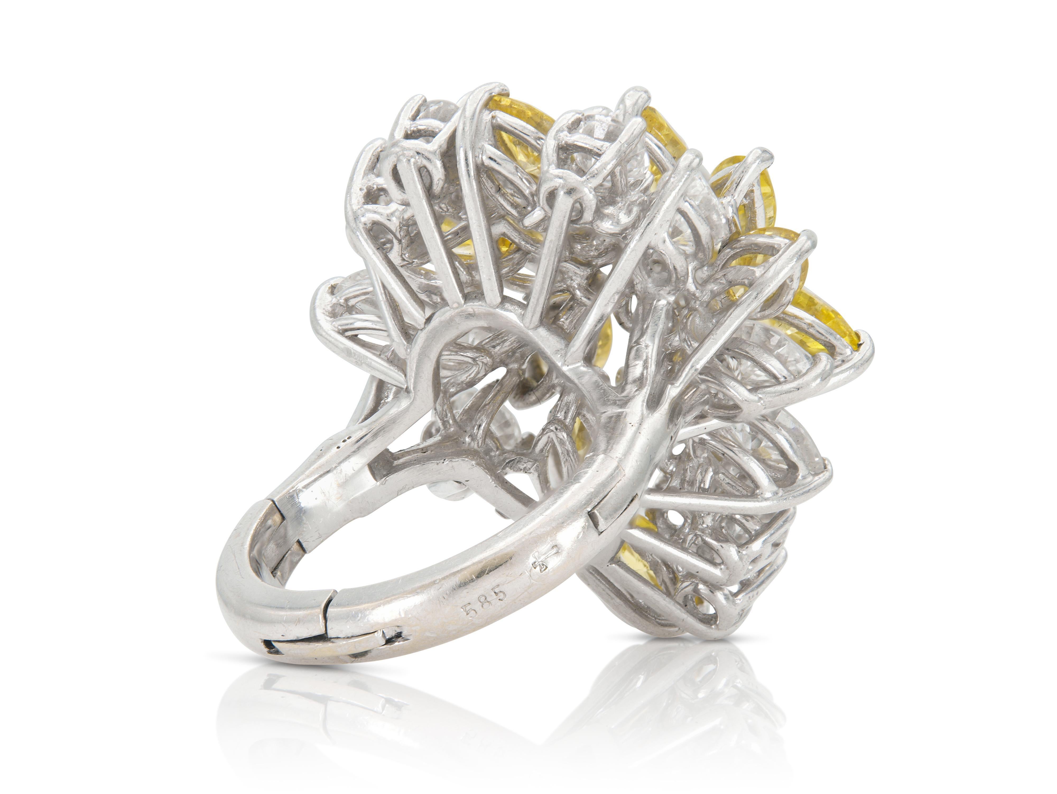 Bague vintage des années 1960 avec diamants jaunes de 2,00 carats et diamants blancs de 3,00 carats Pour femmes en vente