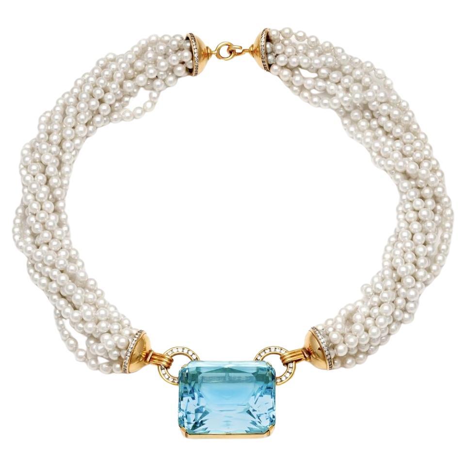 Vintage 1960s 208.45 Carat Aquamarine and Pearl Strands Necklace
