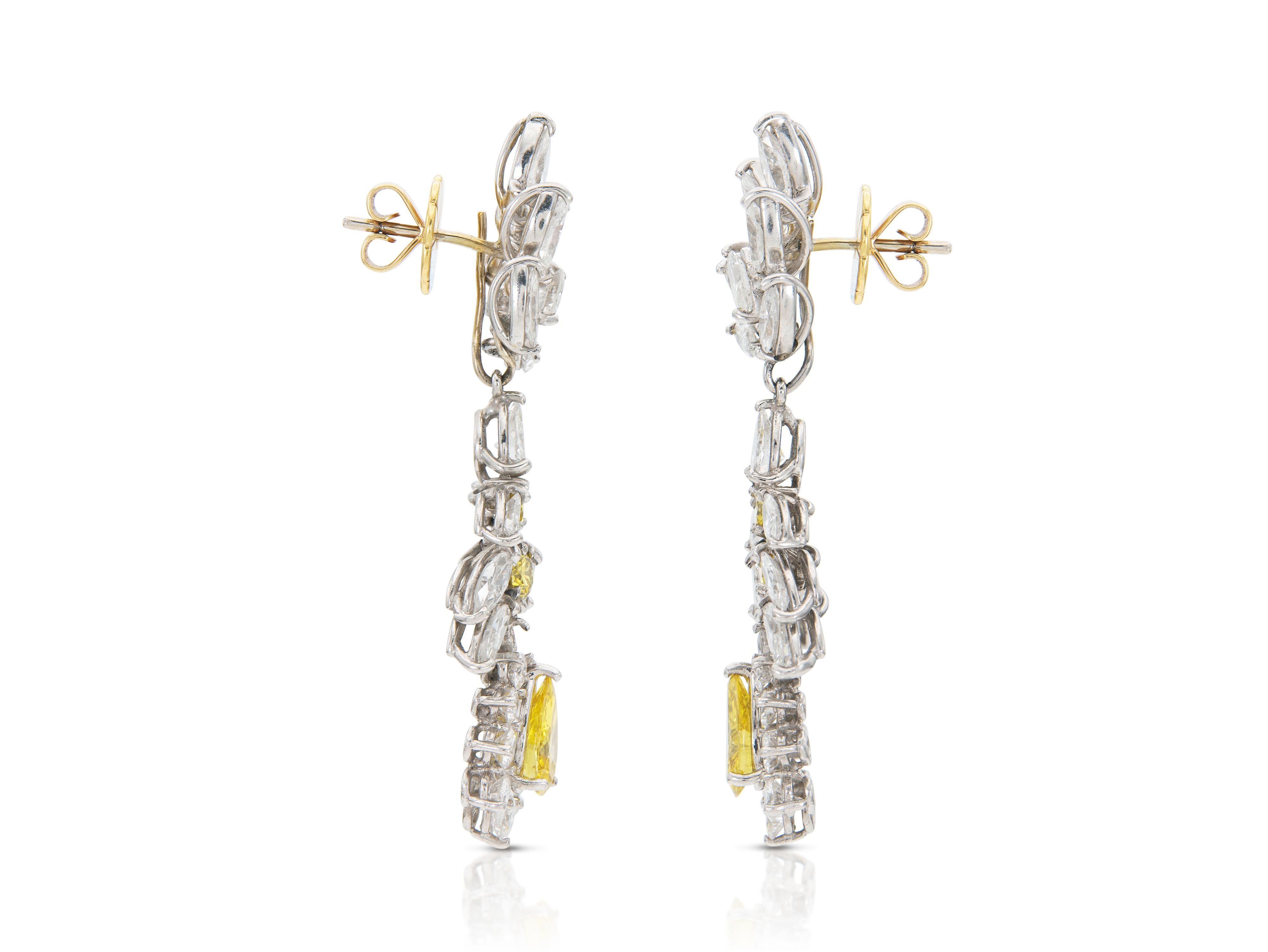 Pendientes vintage de los años 60 con diamantes amarillos de 2,10 quilates y diamantes blancos de 6,00 quilates Corte pera en venta