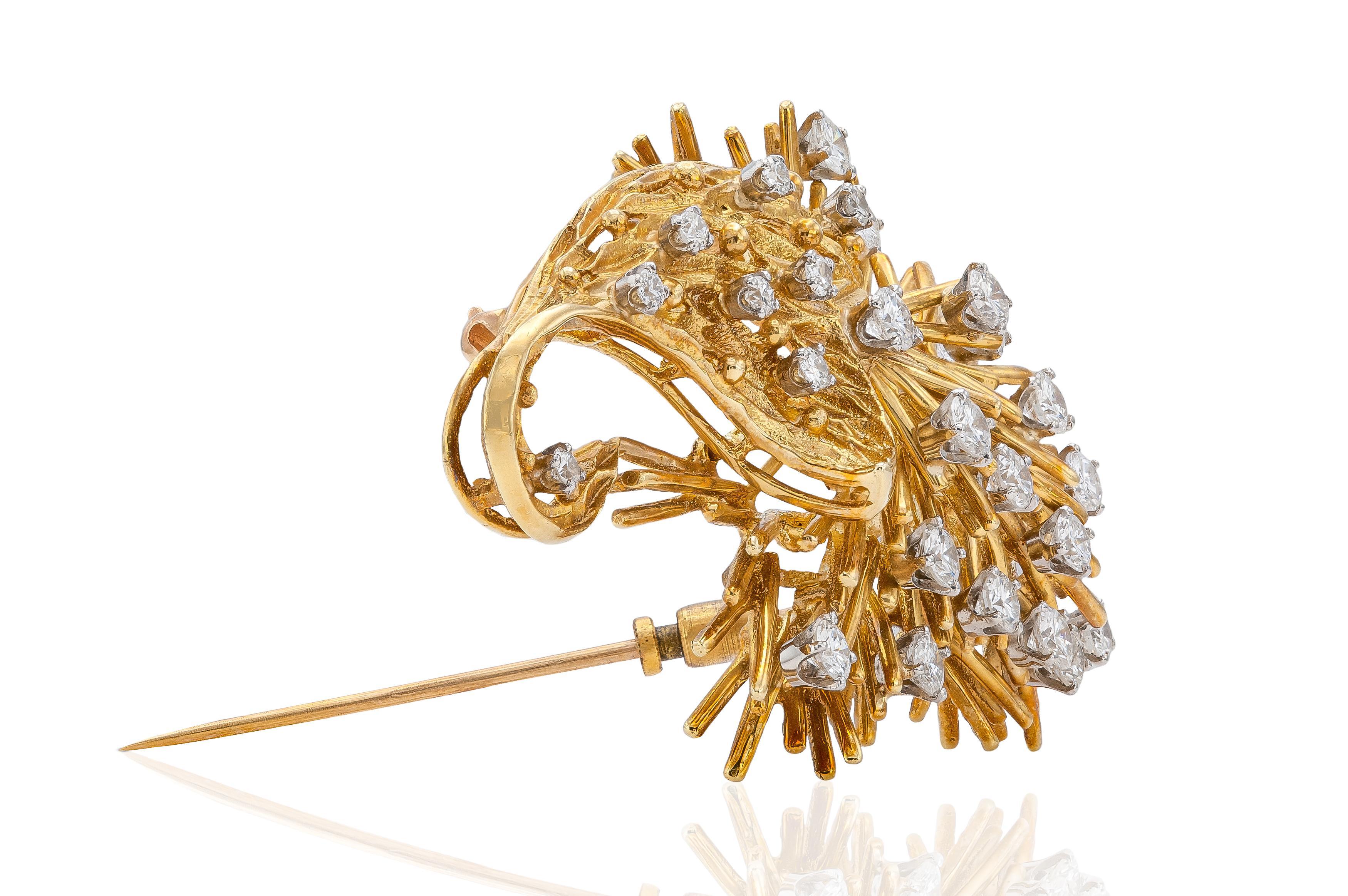 Round Cut Vintage 1960s 3.00 Carat Diamond and Gold Flower Bouquet Brooch For Sale