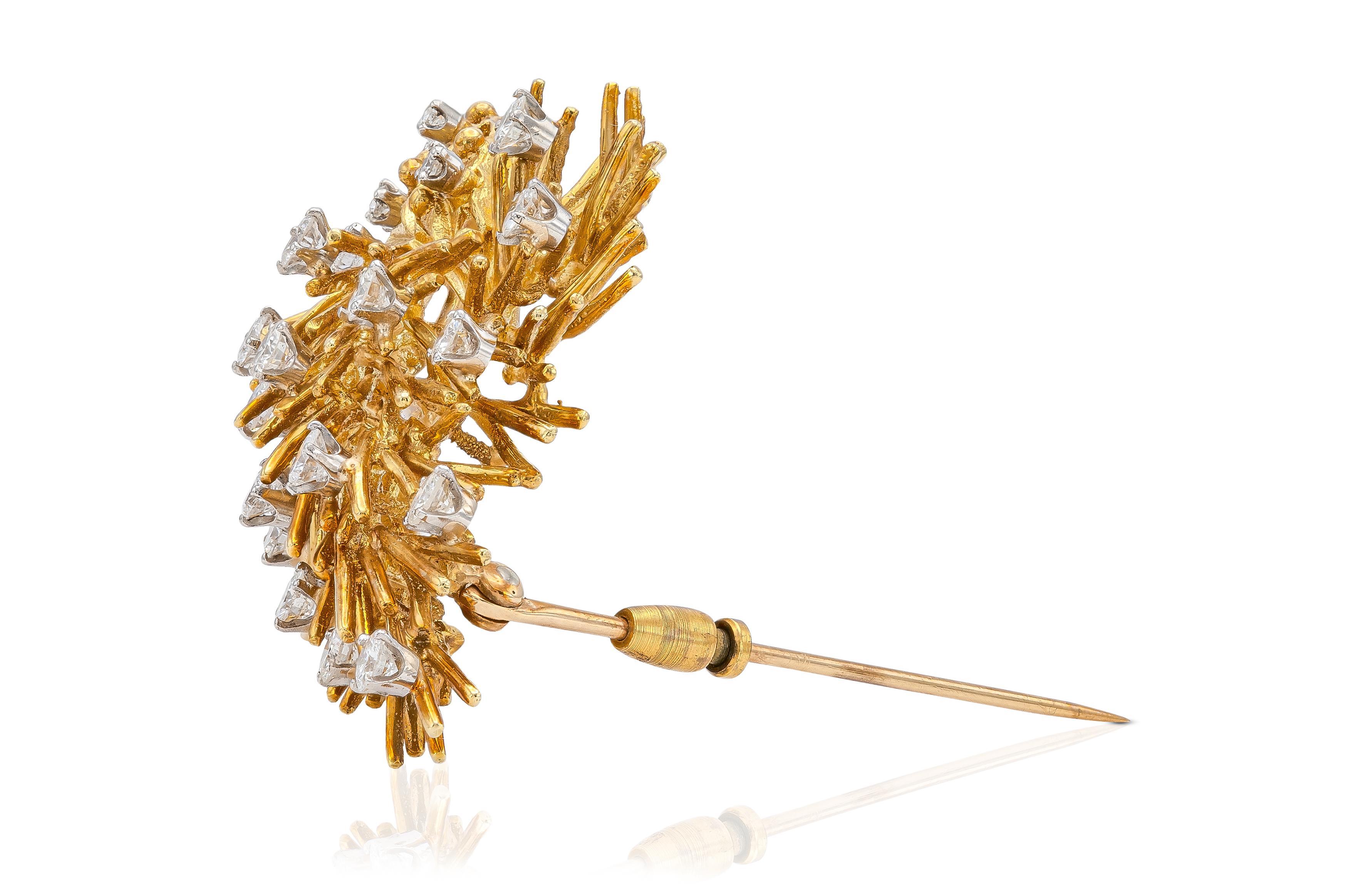 Blumenstrauß-Brosche, Vintage 1960er Jahre, 3,00 Karat Diamant und Gold im Zustand „Gut“ im Angebot in New York, NY