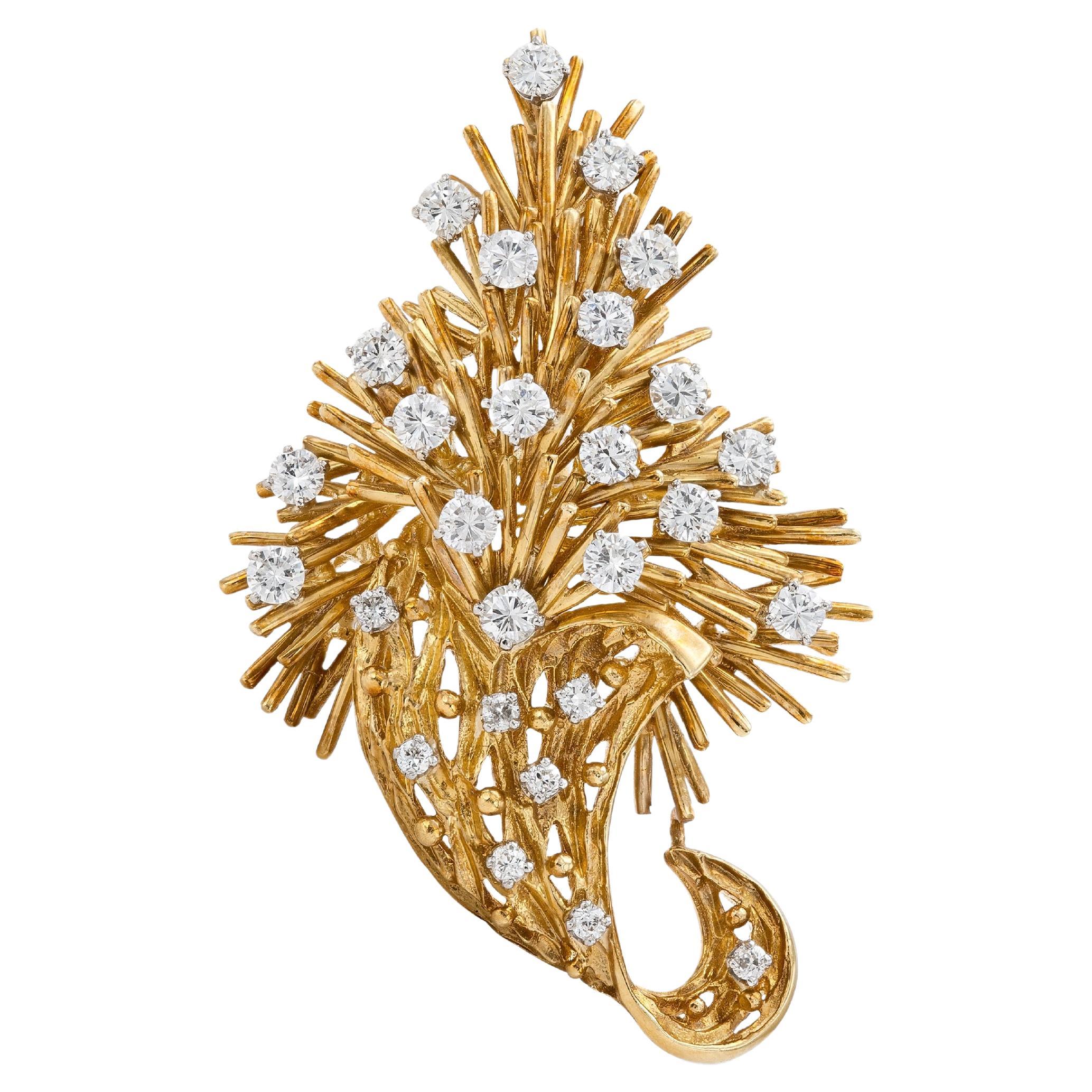 Vintage 1960s 3.00 Carat Diamond and Gold Flower Bouquet Brooch For Sale