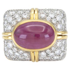 Vintage 1960s 5.00 Carat Cabochon Ruby Ring with Diamonds