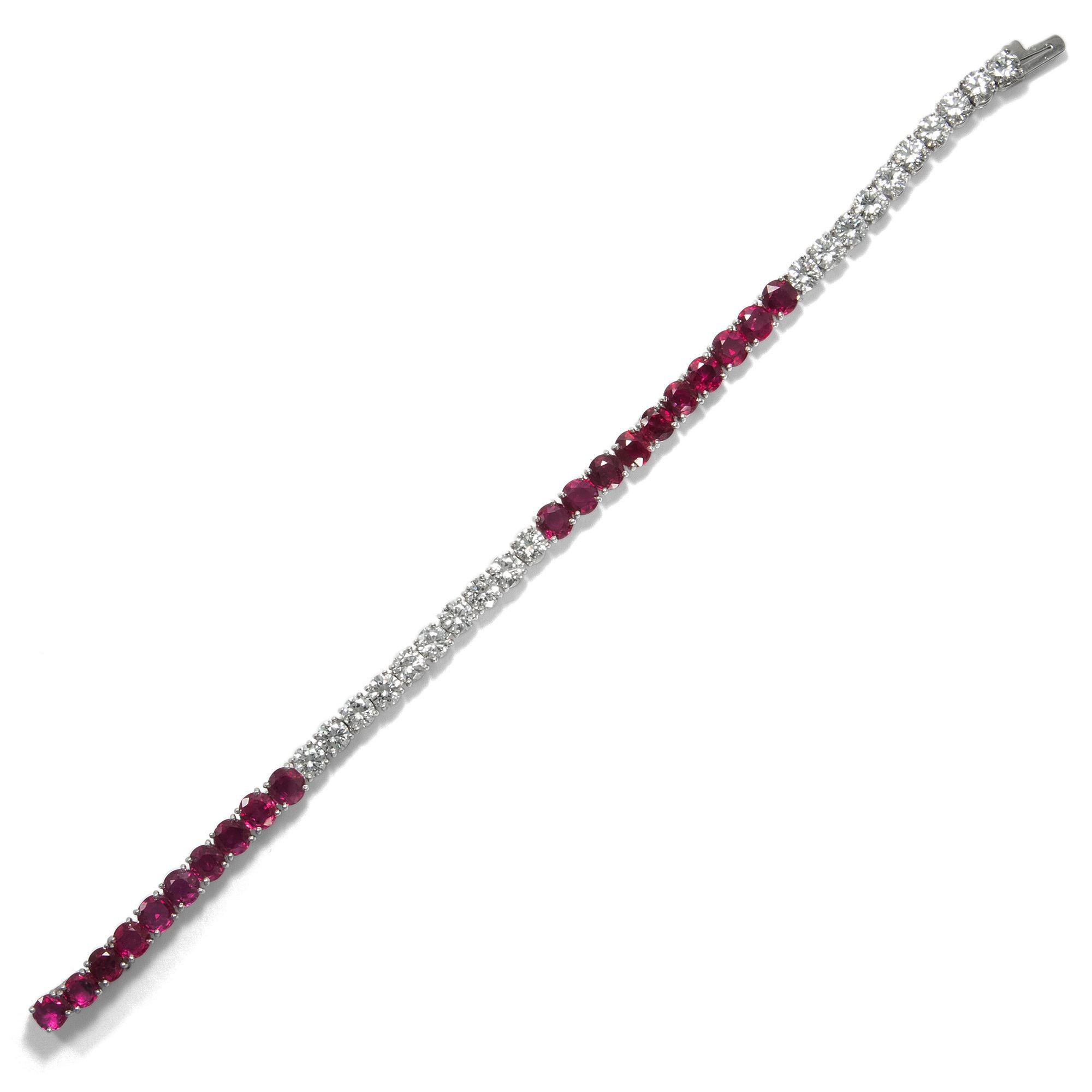 Modern Vintage 1960s 5.89 ct Diamond and 9.50 ct Untreated Ruby Rivière Tennis Bracelet For Sale