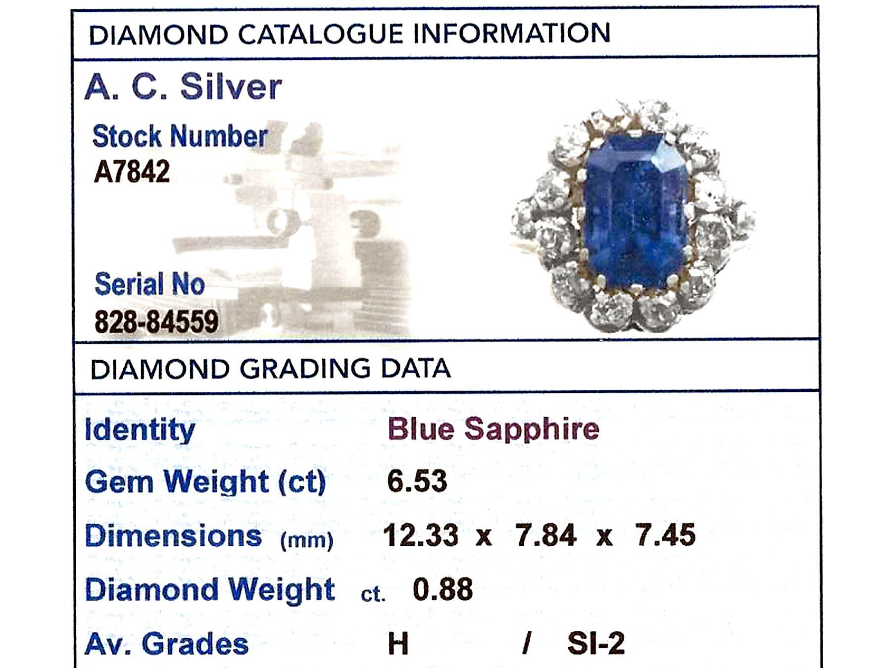Vintage 1960s 6.53 Carat Sapphire and Diamond 18k White Gold Cocktail Ring For Sale 1