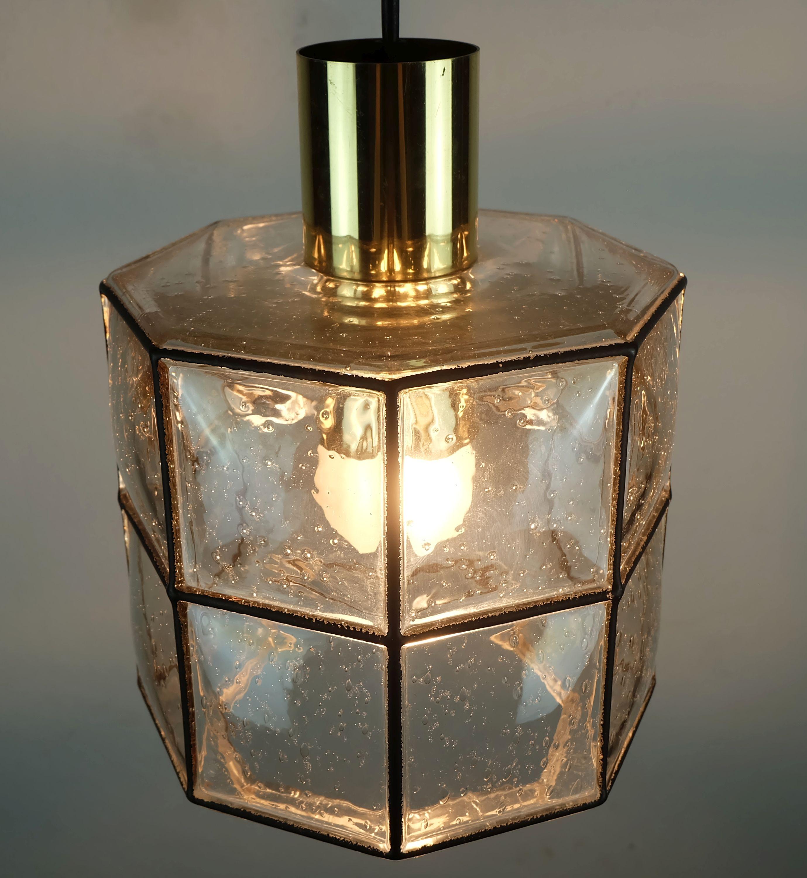 vintage 1960s 70s glashuette limburg PENDANT LAMPADA in vetro trasparente e ottone in vendita 3