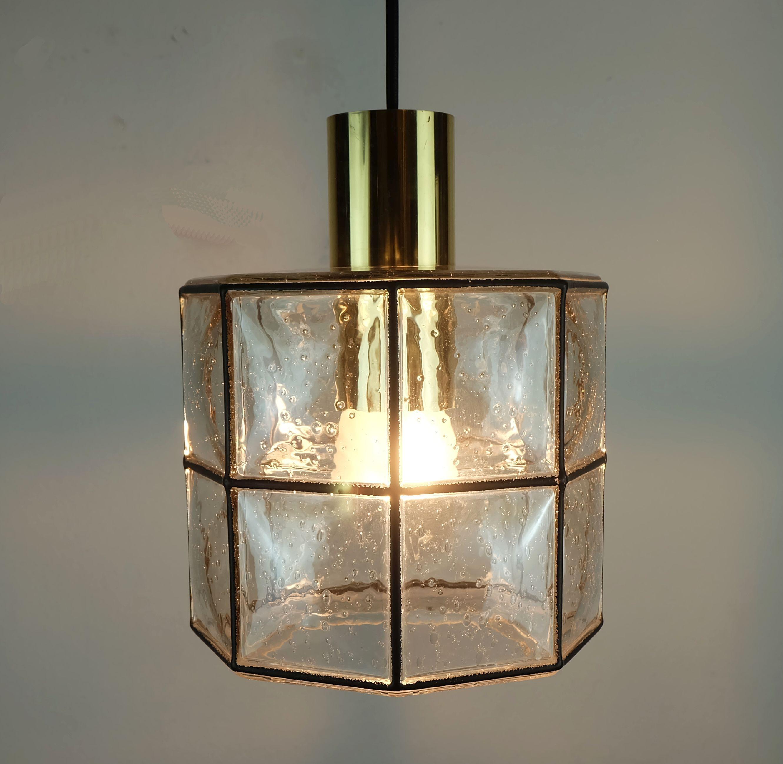 vintage 1960s 70s glashuette limburg PENDANT LAMPADA in vetro trasparente e ottone in vendita 1