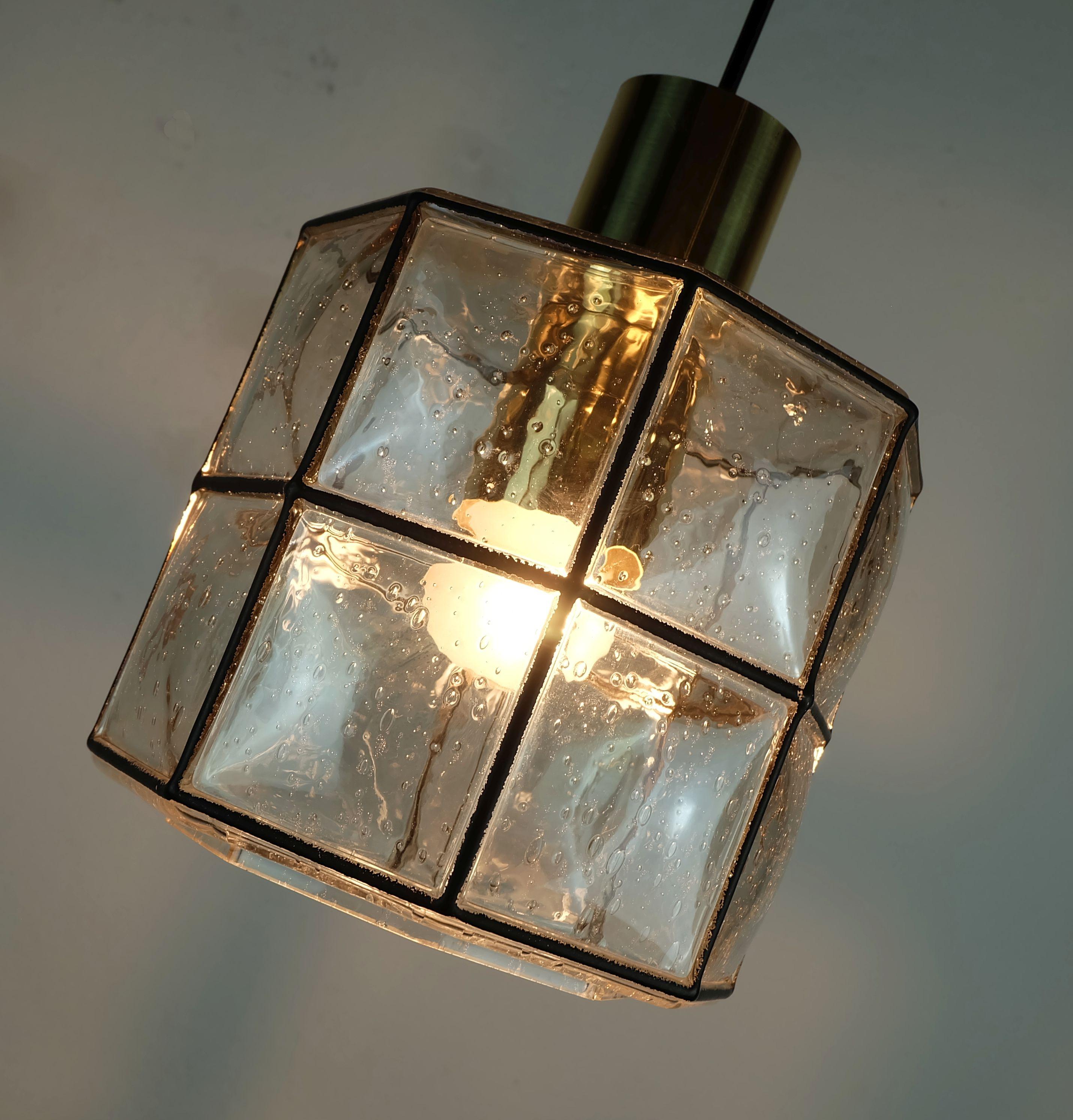 vintage 1960s 70s glashuette limburg PENDANT LAMPADA in vetro trasparente e ottone in vendita 2