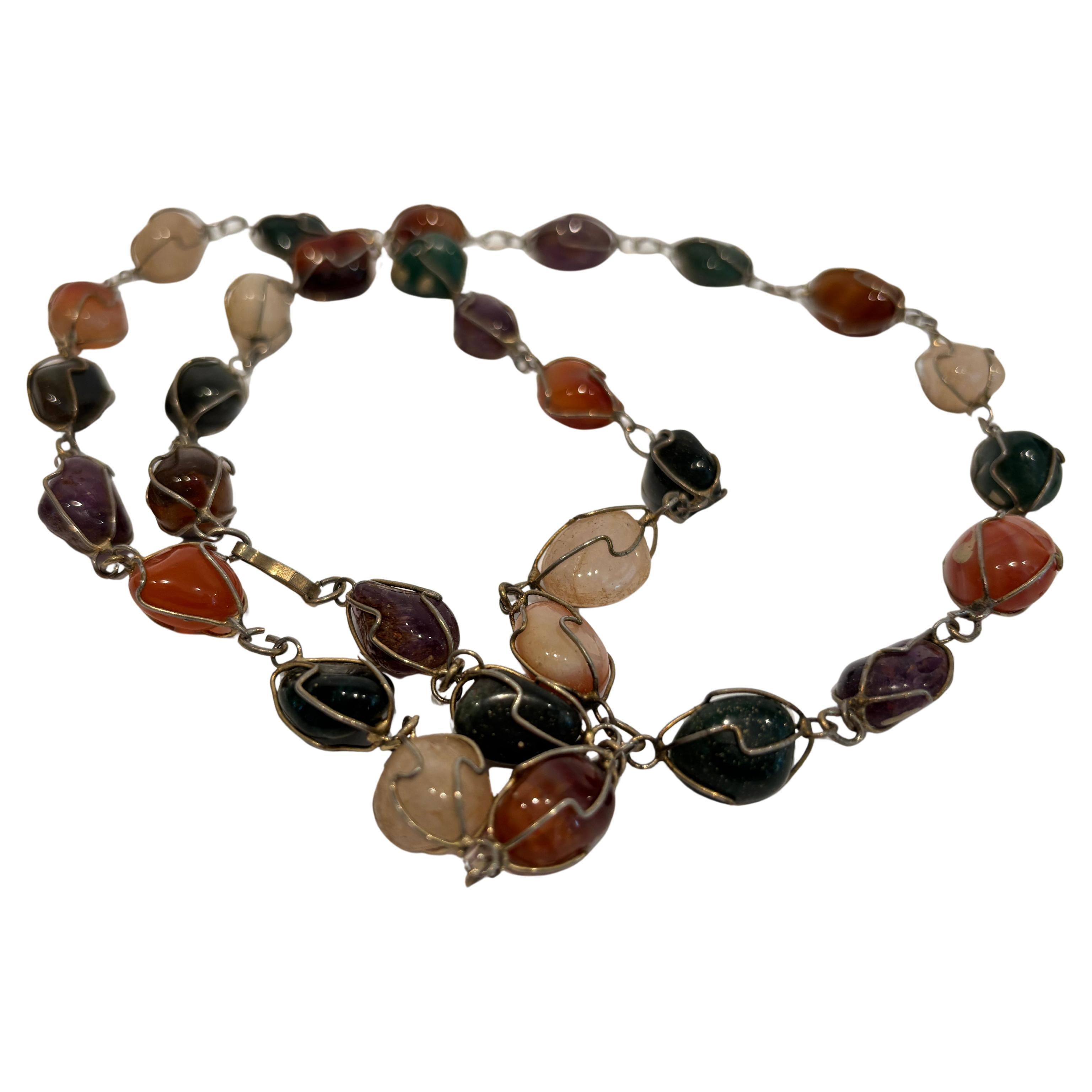 Vintage 1960s-70s Semi-Precious Stone Necklace, Silver Wire Cage Design, 30