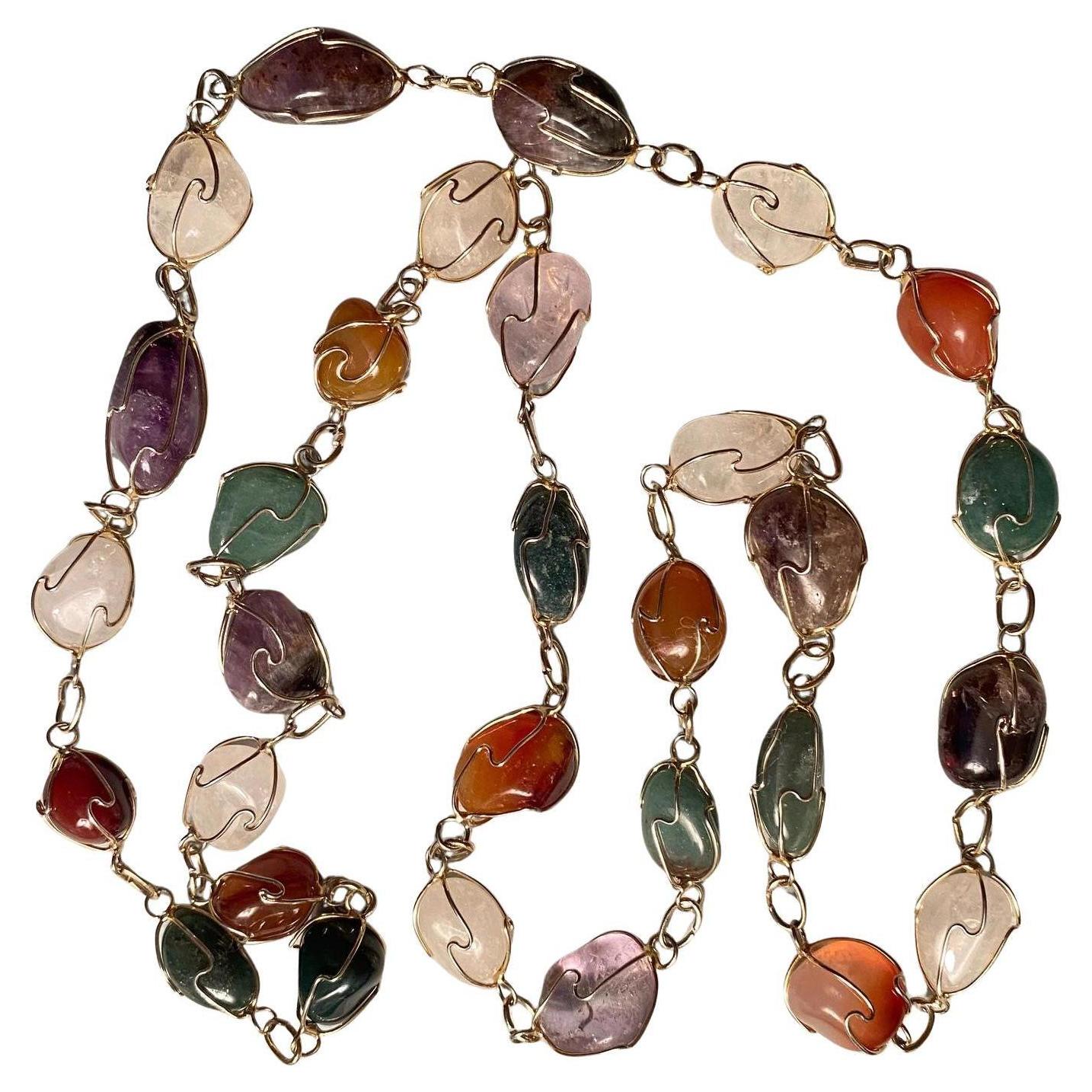 Vintage 1960s-70s Collana di pietre semi-preziose in filo d'argento con disegno di gabbia