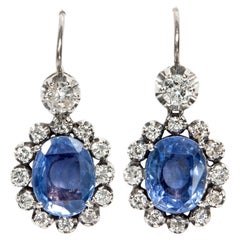 Vintage 1960s 9.4 Ct No Heat Blue Ceylon Sapphire Diamond White Gold Earrings
